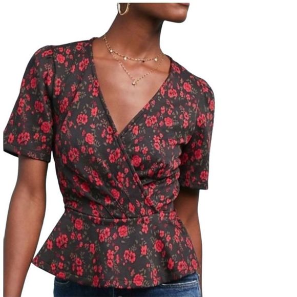 Anthropologie Tops - Anthropologie Heartland Floral Cropped Black Red Top L